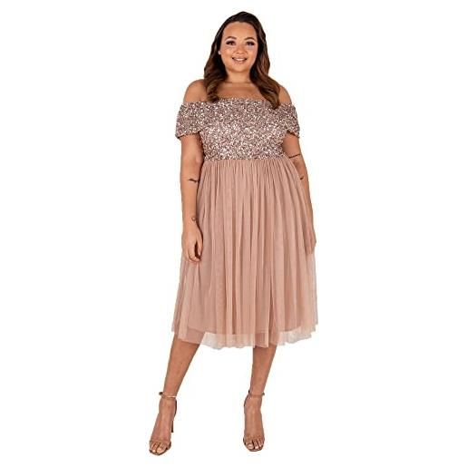 Maya Deluxe abiti da donna bardot midi a vita alta impero paillettes impreziosito da sera formale per gli ospiti di nozze vestito per damigella d'onore, tortora blush, 46
