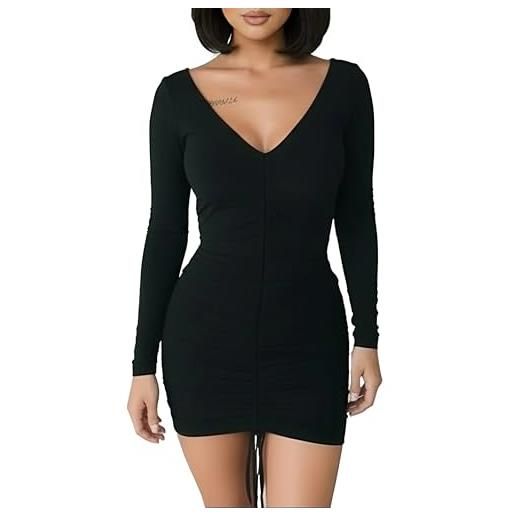 AMABILEMIA vestito corto donna sexy a maniche lunghe invernale mini abito elegante nero tubino da sera scollato party am397