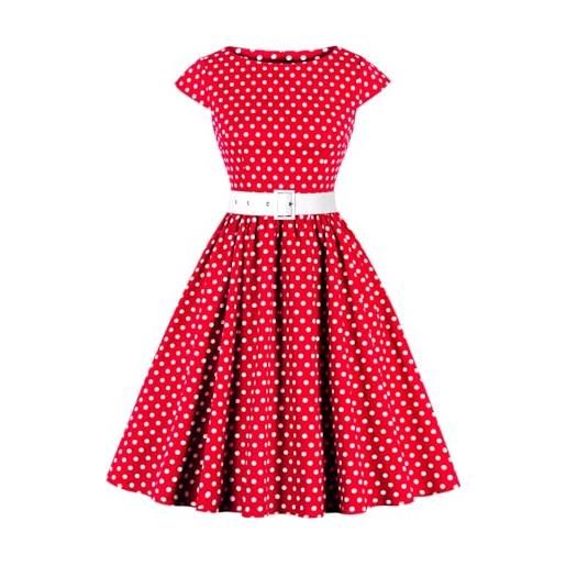 AXOE donna abito vintage anni 50 cotone traspirante, linea a, scollo a barca, cintura contrasto rimovibile rosso con a pois bianco, taglia 54, 4xl