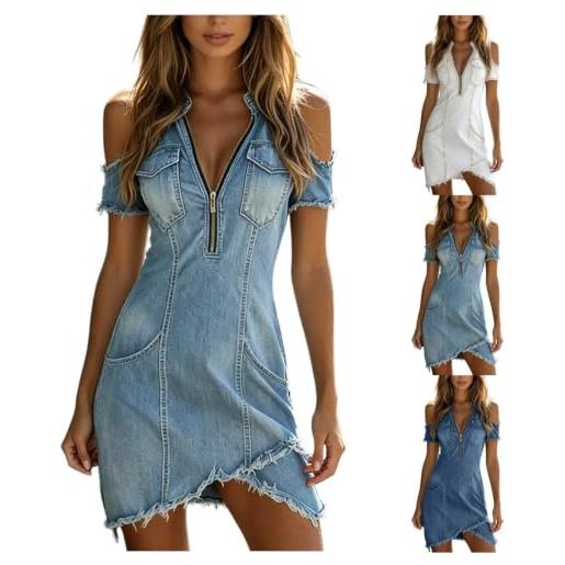 Generico vestito jeans donna estivo corto vestiti in denim scollo a v spalle scoperte stile country western abito denim curvy con mezza zip e tasche elegante mini abiti a portafoglio trapezio abito da festival