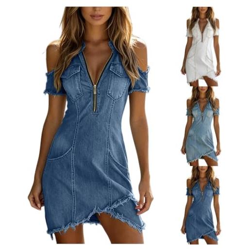 Generico grigio mini abito da donna in denim con colletto a revers vestito jeans donna estivo chiusura con mezza zip doppie tasche e scollo a v e spalle scoperte maniche corte modello a trapezio s-5xl marino l