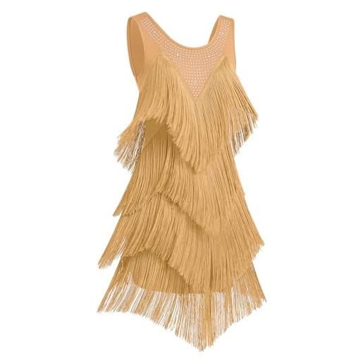 AGYMNX abito da ballo latino da donna, senza maniche, con frange, con strass, per cocktail party, samba, cha, cha, oro, m
