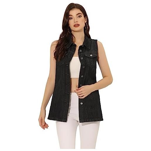 Allegra K demin gilet da donna senza maniche con bottoni, stile jeans, nero , xl