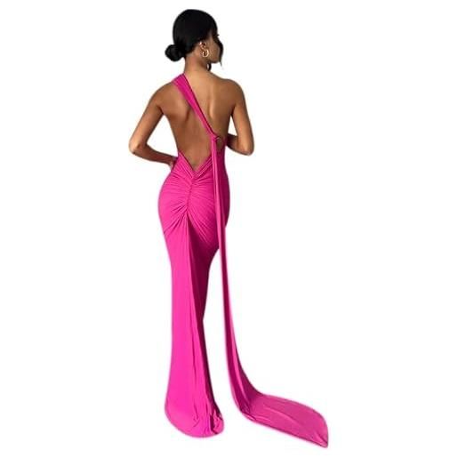 JUMISEE abito lungo da donna, sexy, monospalla con schiena scoperta, elegante, increspato, senza maniche, abito da sera, abito da cocktail, rosa caldo, s