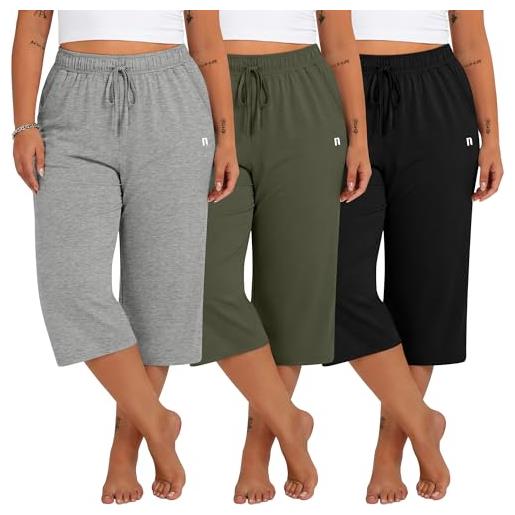 Neer confezione da 3 pantaloni capri da donna taglie forti, gamba larga, modello casual con coulisse e tasche