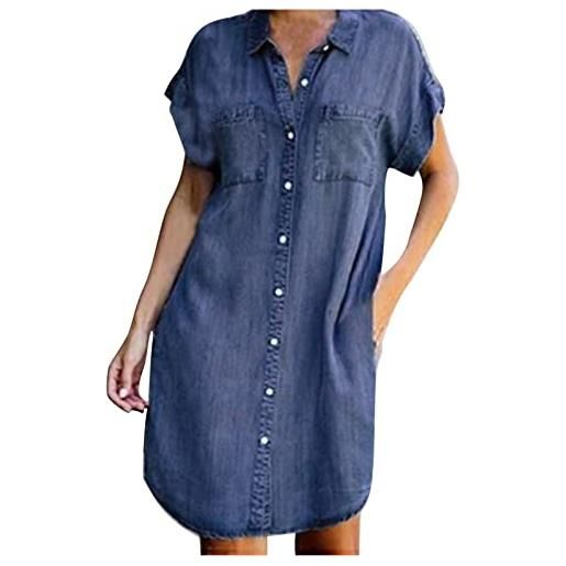 Generic camicia estiva lunga in denim da donna, abito midi a maniche corte, casual, jeans con bottoni, abiti a trapezio oversize slim fit, lunghezza al ginocchio, con tasche, vestibilità larga, tunica top