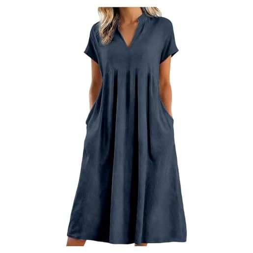 Generico abito lino donna 2026 vestiti tinta unita morbido e traspiranti scollo a v largo vestiti da spiaggia abito estivo a maniche a 3/4 boho chic traforato abiti vacanza comodo per mare spiaggia vacanza