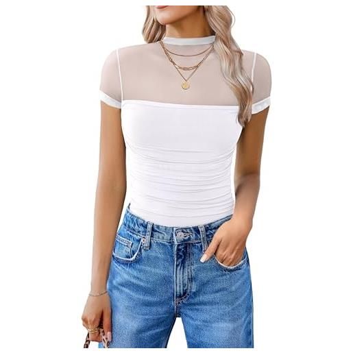 Avidlove body da donna con maniche corte, con collo alto, in rete, a manica lunga, in un pezzo, per uscire, top da appuntamento, abiti, bianco, large