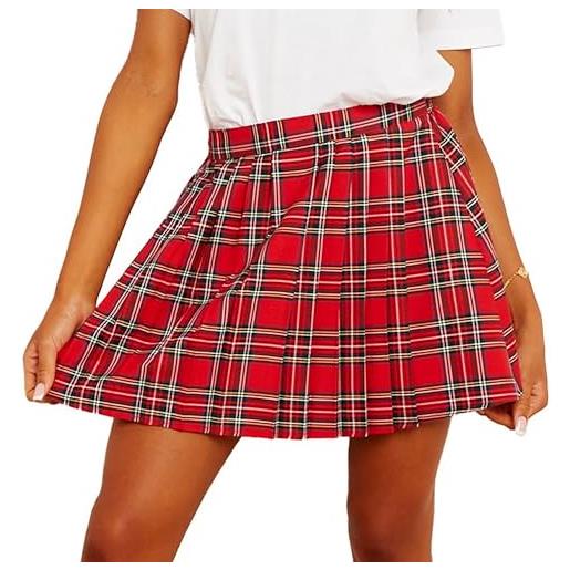 The Fancy Dress® gonna da donna in tartan con pieghe anteriori, mini gonna a quadri - gonna da donna con vita elasticizzata, pieghe a scatola, motivo a quadretti, taglia 8-14, rosso tartan, 44