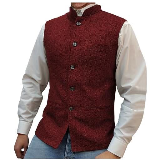 VgueElegc gilet da uomo con colletto a camicia in stile nehru in tweed, gilet casual nehru, vino rosso, l