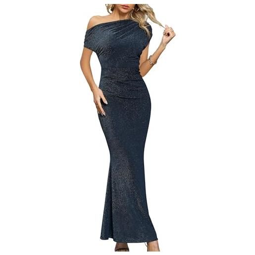 Missufe abito da sera da donna, da cocktail, da ballo, lungo, per matrimoni, cerimonie, elegante, maxi sirena, bodycon monospalla, vestiti, blu mare, s