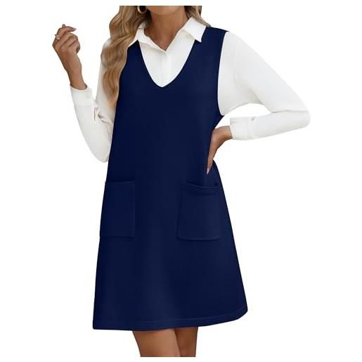 Hotouch vestito maglione da donna senza maniche maglione gilet abito casual scollo a v lavorato a maglia abiti autunnali larghi maglieria con tasche, blu marino. , l