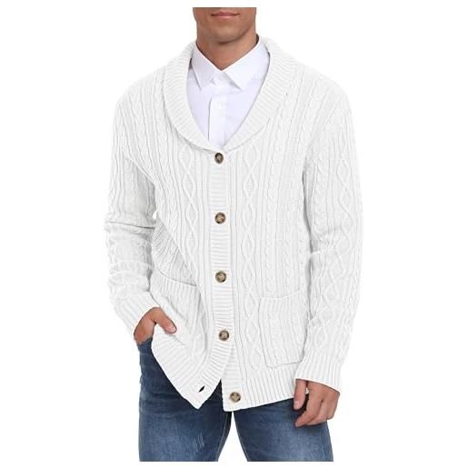 Hisir cardigan da uomo a scialle lavorato a maglia con scollo a v classico a maniche lunghe casual cardigan con bottoni maglione con tasche, bianco, l