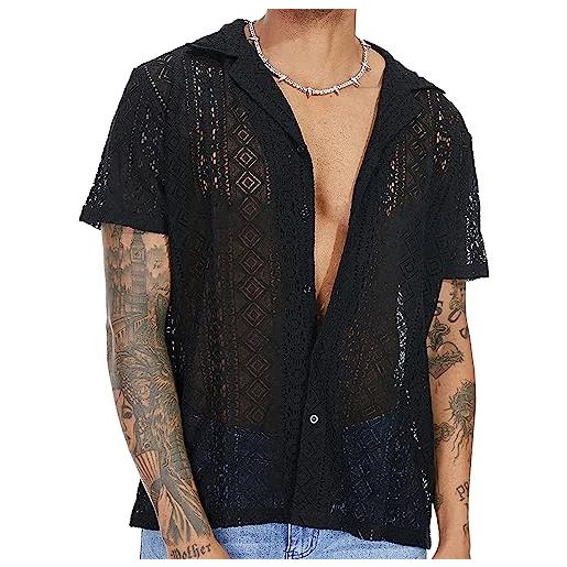AIEOE camicia da uomo in pizzo a maniche corte camicia casual top t-shirt trasparente top estivo, nero , xxl