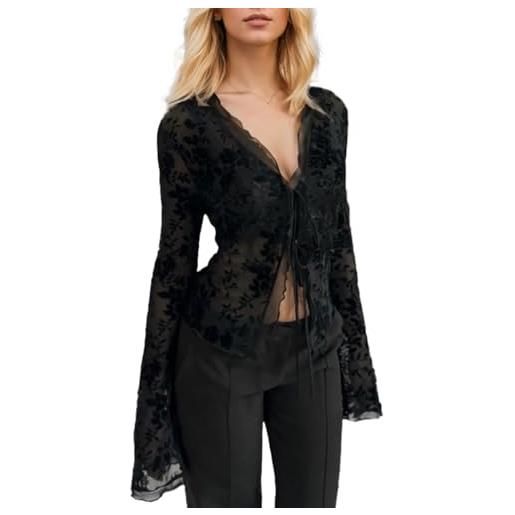 EMOTTOS crop top con scollo v sottile, sexy trasparente increspato y2k top svasato con maniche lunghe in rete, chiffon tessuto tie front corto per le donne, nero, m