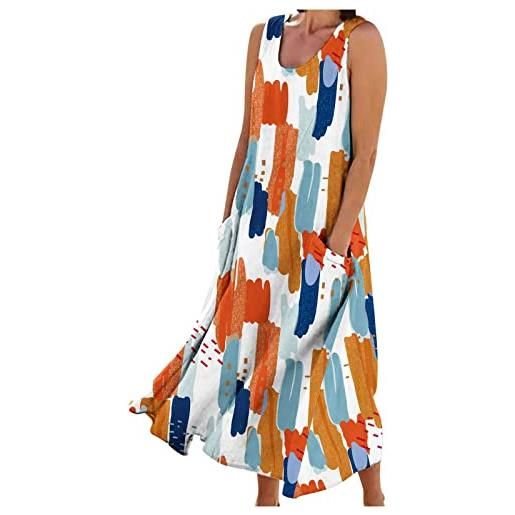SMIDOW abito lungo estivo da donna in cotone e lino, senza maniche, elegante, fluido, taglie forti, comodo abito con tasche, #018 arancione, 3xl