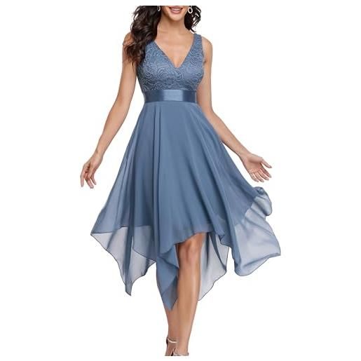 Ever-Pretty vestito da cerimonia da donna linea ad a con scollo a v stile impero in pizzo chiffon al ginocchio con orlo asimmetrico marina polverosa 42