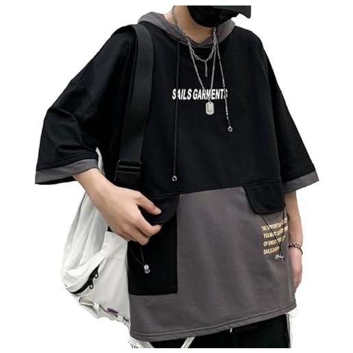 XYXIONGMAO t-shirt con cappuccio larghe tasche larghe felpa con cappuccio unisex streetwear techwear t-shirt da uomo, nero, xx-large