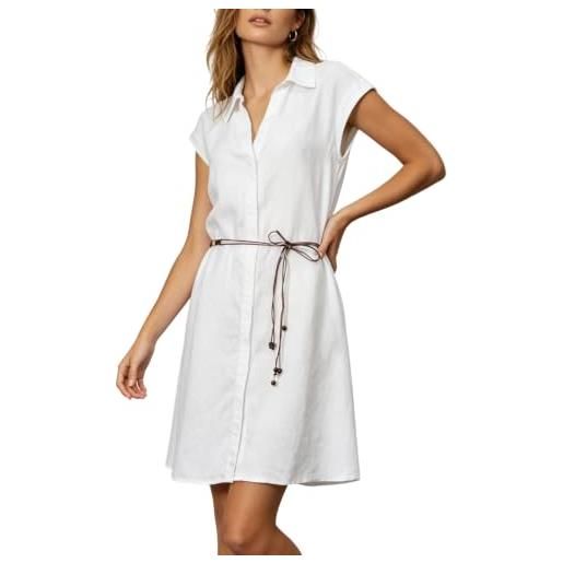 Amazhiyu abito midi da donna, in puro lino, estivo, casual, con tasche e cintura, bianco, s