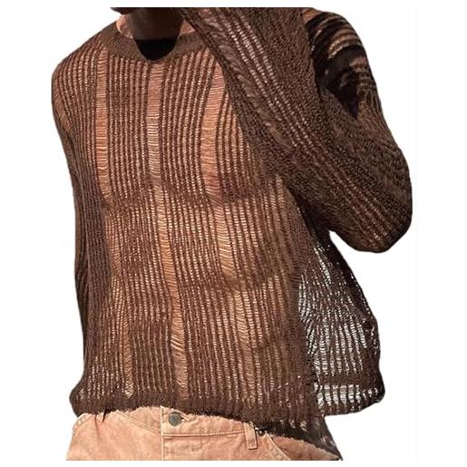 AIEOE, camicia da uomo trasparente, sexy, per clubwear, a maniche lunghe, in rete, con pizzo sottile, marrone, m