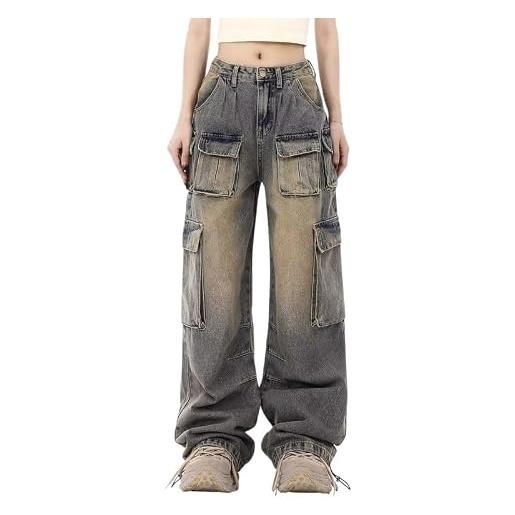 Lafaguw pantaloni cargo da donna a vita bassa, larghi jeans, tasca, gamba larga, vestiti casual, trendy, streetwear, grunge, emo