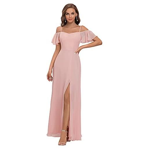 Ever-Pretty abito da ballo d'onore lunghi in chiffon con dalla spalla in stile impero a maniche corte da donna con spacco laterale rosa 46eu