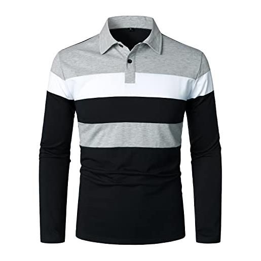 HOOD CREW polo casual da uomo a maniche lunghe a blocchi di colore a righe, nero , s