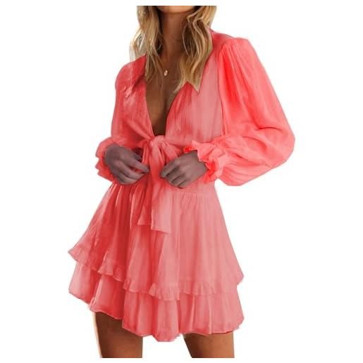 PHENHU vestito da donna abito corto casual con scollo a v profondo a maniche lunghe con nodo sul davanti (it, testo, l, regular, regular, rosa)