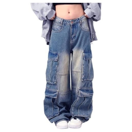 Lafaguw pantaloni cargo da donna a vita bassa, larghi jeans, tasca, gamba larga, vestiti casual, trendy, streetwear, grunge, emo