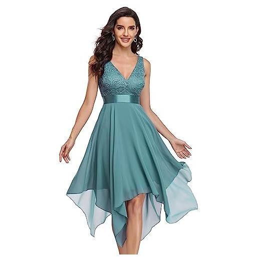 Ever-Pretty vestito da cerimonia da donna linea ad a con scollo a v stile impero in pizzo chiffon al ginocchio con orlo asimmetrico blu polveroso 56