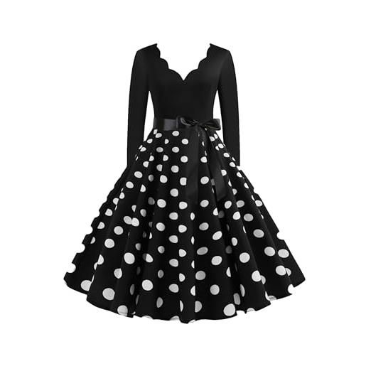 EFOFEI abito da cocktail da donna a pois abiti natalizi abito a trapezio a maniche lunghe con scollo a barchetta nero s