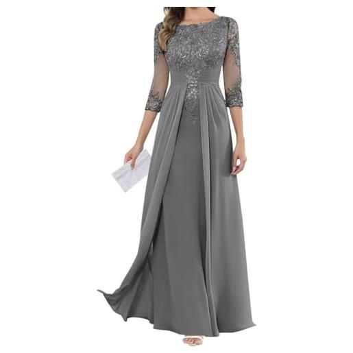 SAYNO abito da madre della sposa con applique in pizzo per abiti da ballo di nozze abiti da cocktail in chiffon plus size. Size, grigio, 44