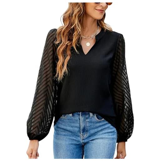 Atxnn camicia donna blusa scollo a v manica lunga elegante chiffon top ritaglio pizzo manica casual bolla maniche camicetta