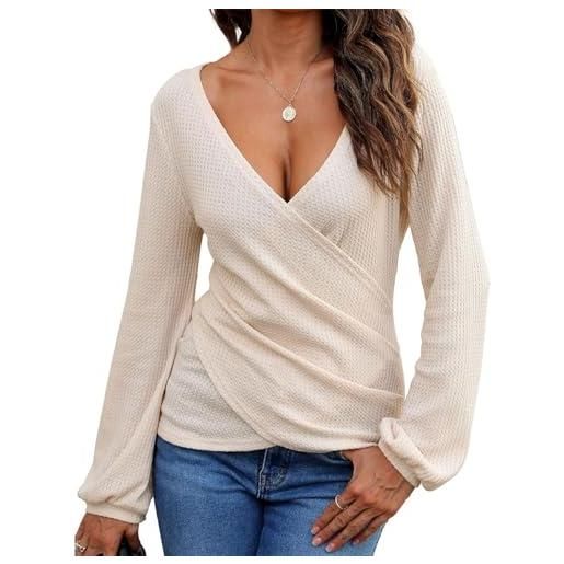 EMOTTOS sexy maglietta scollo a v donna - maglie aderenti con incrocio in tessuto a nido d'ape, morbide crop top con scollo a v profondo e maniche lunghe, camicie tunica orlo irregolare