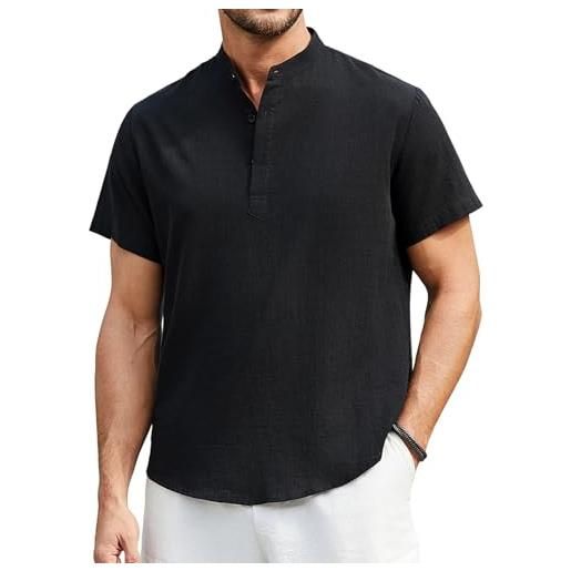 Enlision camicia uomo nera manica corta di lino e cotone collo coreana maglietta estive uomo elegante casual serafino ampia t-shirt con 3 bottoni taglie forti xxl