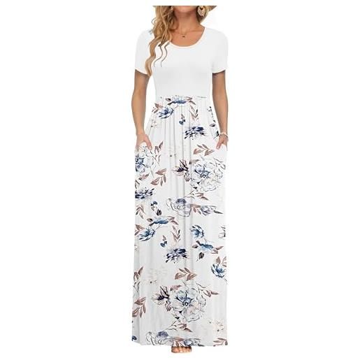 AUSELILY maxi abito per donna estate casual vestito a maniche corte per gonna lunga con tasche bianco fiori bianco l