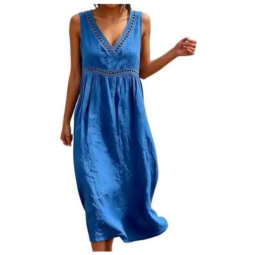 Generico abito estivo donna cotone, vestiti estivi donna in cotone e lino scollo a v abiti tinta unita vestito casual comodo morbido e traspiranti summer dresses, blu, l