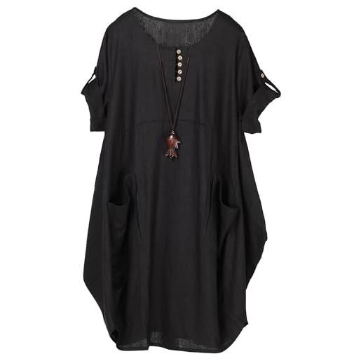 FTCayanz vestito donna manica corta abito tunica midi taglie forti abiti lino camicetta nero xl