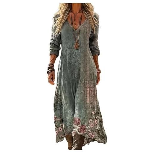 Generico vestito lino donna primavera estate abito lungo boho chic scollo a v manica 3/4 maxi vintage geometrico con tasche casual mare spiaggia vacanza taglie forti comodo elegante 2026