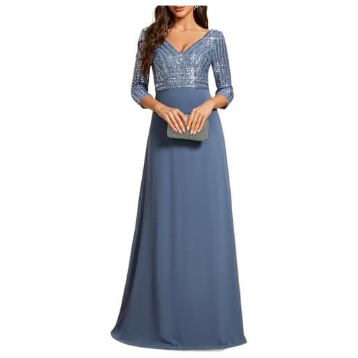 Ever-Pretty abito da cerimonia elegante manica lunga scollo a v con paillettes linea ad a chiffon donna 00751