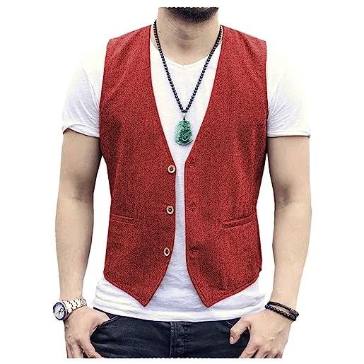 Tiavllya gilet da uomo senza maniche in cotone e lino casual gilet da spiaggia estivo slim fit tinta unita a 3 bottoni（xxxl, rosso）