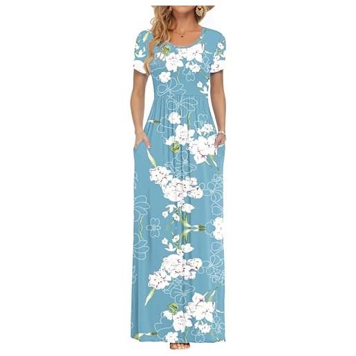 AUSELILY maxi abito per donna estate casual vestito a maniche corte per gonna lunga con tasche blu fiori xl