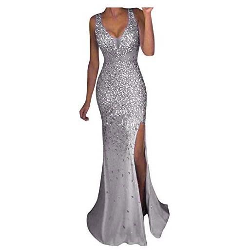 Generic maxi abito da sera da donna con paillettes, scollo a v profondo, spacco laterale, in tulle elegante glitterato per cocktail e feste di gala, argento, xl