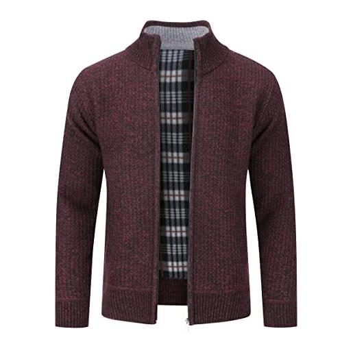 Allthemen cardigan da uomo con cerniera con colletto rialzato pollover sweater invernale lavorato a maglia vino rosso 3xl