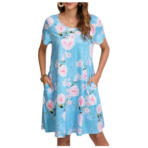Enmain abito estivo donna a maniche corte t-shirt vestiti con tasche casual boho lunghezza al ginocchio abito donna, floreale azzurro, l