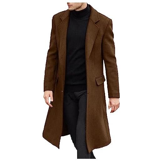 ECDAHICC uomo casual slim fit cappotto in lana giacca lunga collo ribelle trenchcoat monopetto cappotto invernale abbigliamento caldo, giallo marrone, m