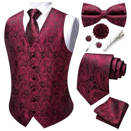 Barry.Wang gilet da uomo con motivo cachemire formale, cravatta, papillon, clip jacquard, gemelli da bavero, spilla da matrimonio, 8 pezzi, borgogna, xl