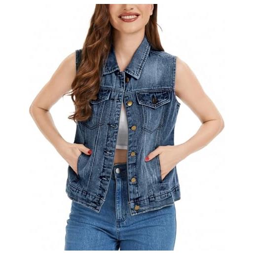 Ellunis gilet da donna in denim con bottoni e risvolto lavato senza maniche con tasche w gilet in jeans
