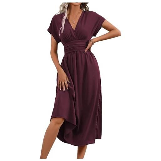QUNERY abito donna estivo manica corta vestiti vita alta a line abiti scollo a v elegante vestito estivi lunghi casual abito spiaggia porpora xl