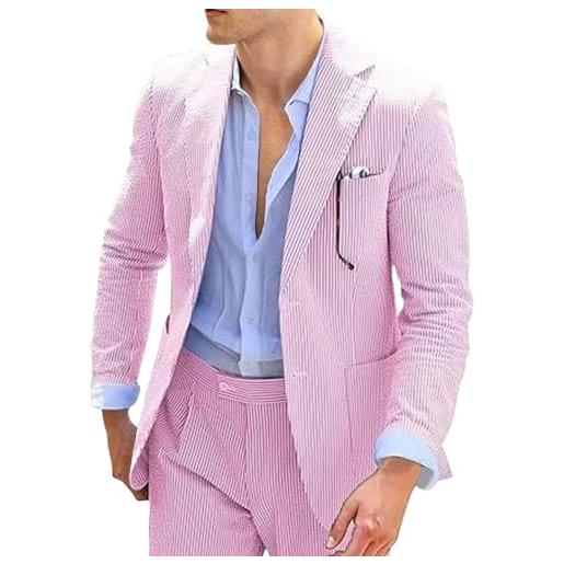 Generic abiti da uomo completo da uomo in seersucker a righe slim fit con 2 bottoni, giacca e pantaloni per matrimonio estivo, rosa xx large